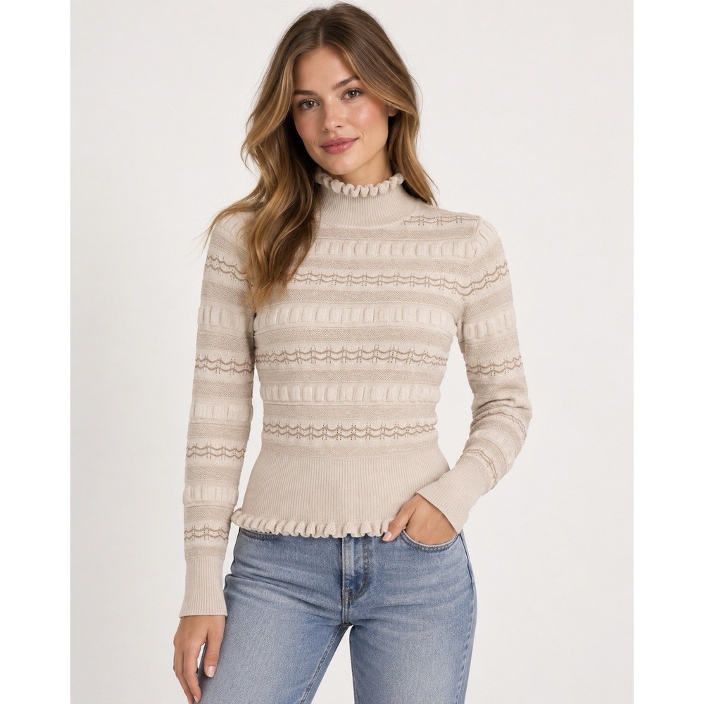 Marie Oliver Women's XS Wool Silk Blend Ruffle Turtleneck Knit Sweater Beige